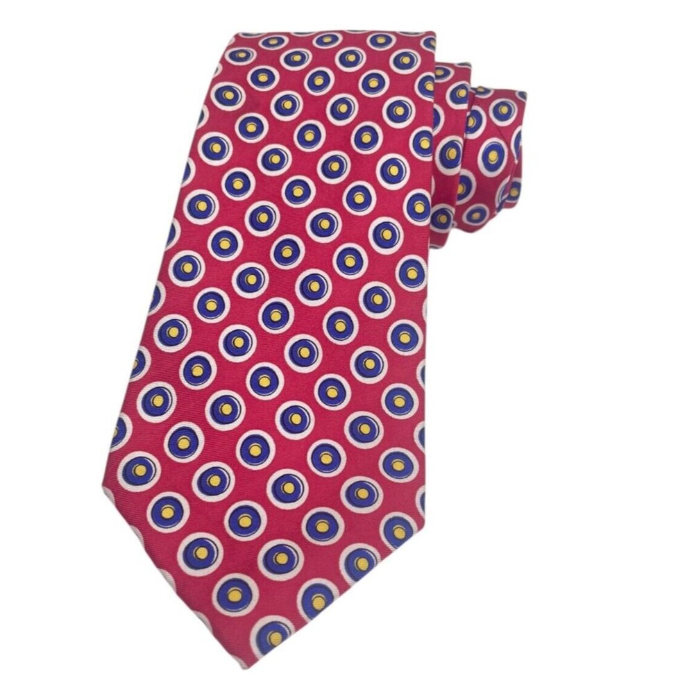 Lauren Ralph Lauren Red Silk Bullseye Circle Print Tie Handmade 59"